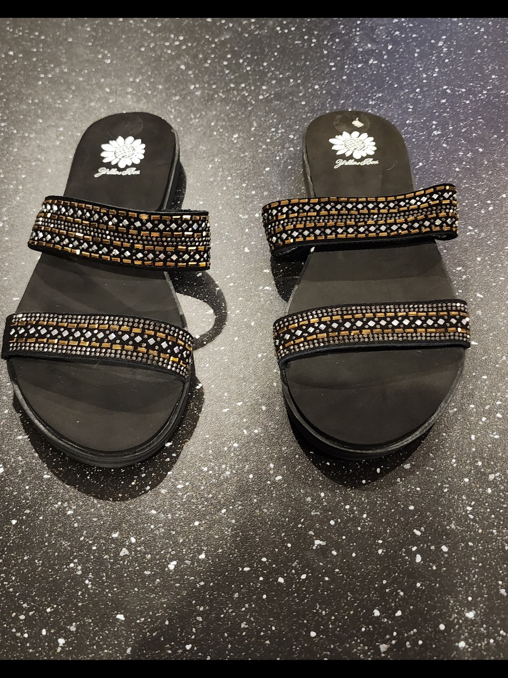Yellow Box Black Slide Sandals with Gold & Silver Beaded Straps
